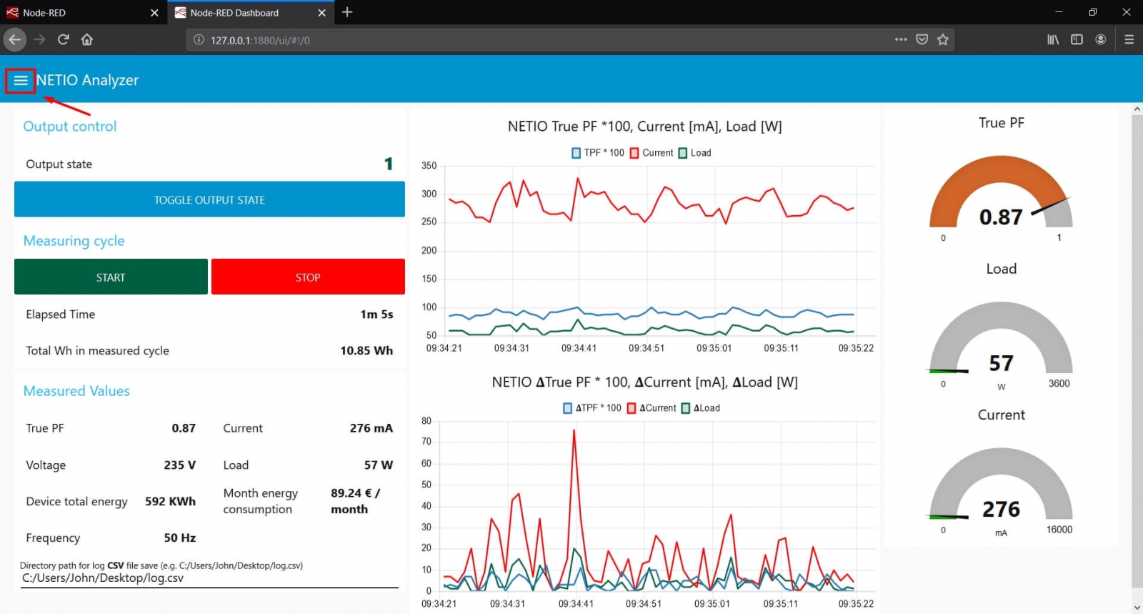 NETIO Power Analyzer dashboard with highlighted menu button where you can switch to another graphs with data from NETIO smart power sockets