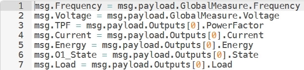 Function node in node-RED NETIO Power Analyzer flow with initialization of msg properties with metered values from NETIO PowerCable REST