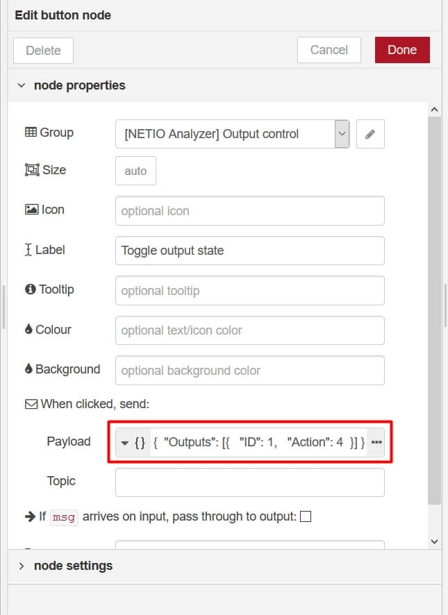 Node-RED button node setup with netio.json string as payload to control NETIO PowerCable REST