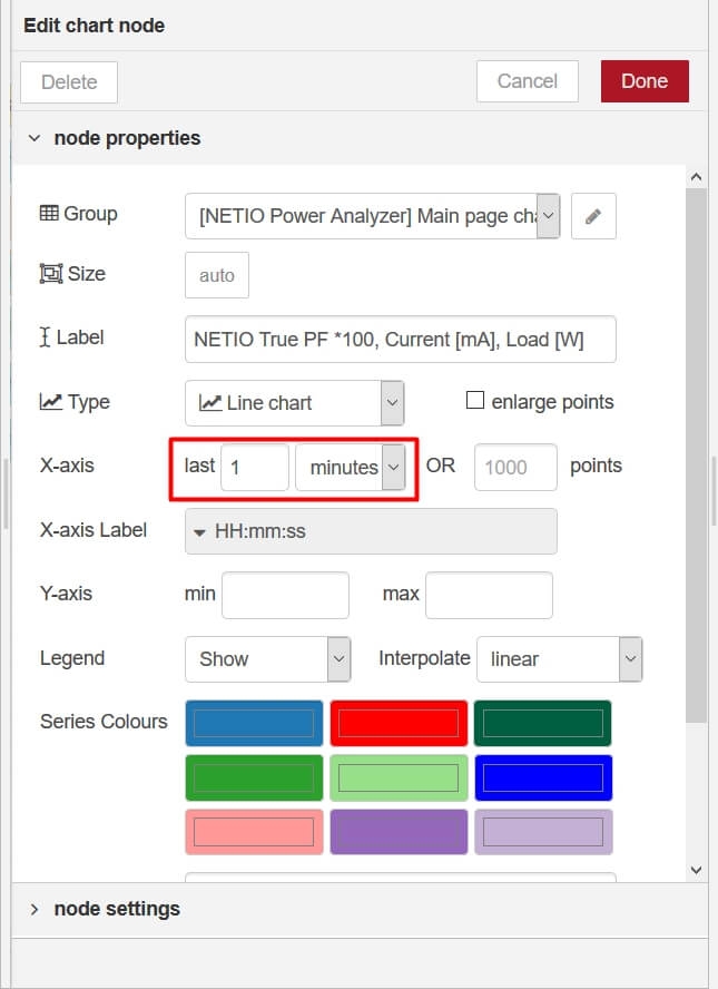 Node-RED chart node settings with highlighted parameter when you can change X-axis settings