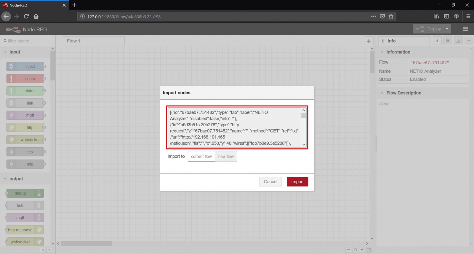 Importing NETIO Power Analyzer node-RED script into node-RED.