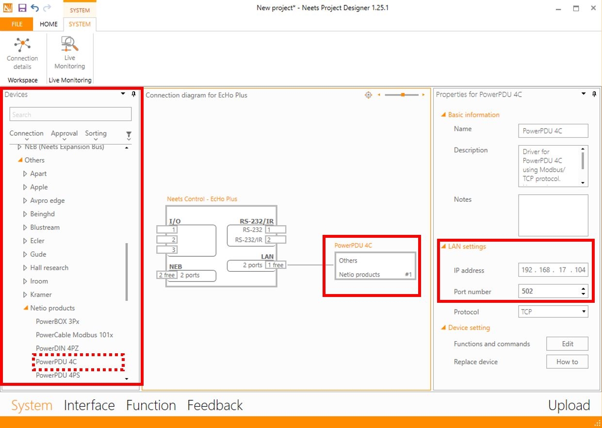 Neets Project Designer – System / NETIO device IP config