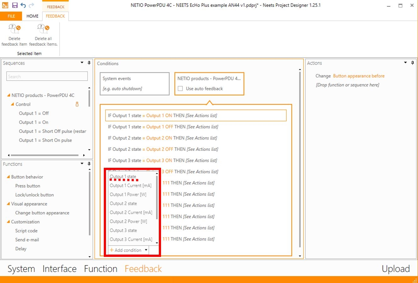 Neets Project Designer – Feedback, condition select