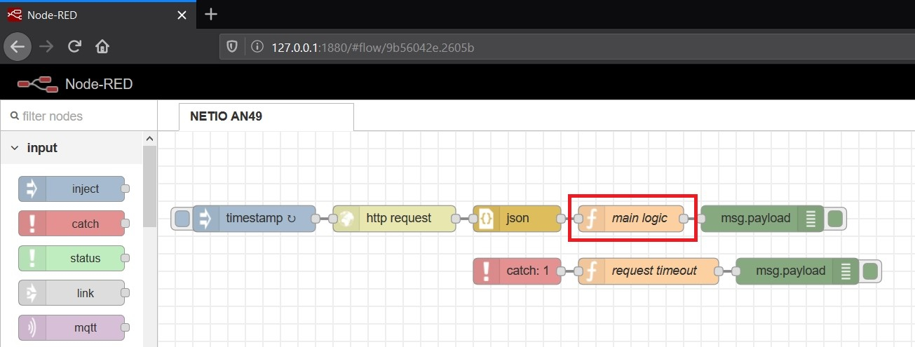 AN49 node-RED flow with highlighted main function node which utilizes values measured by NETIO smart power socket