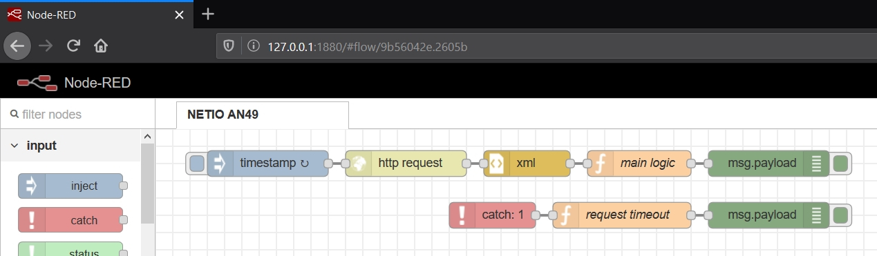 AN49d Power Analyzer Block node-RED flow where XML API is used