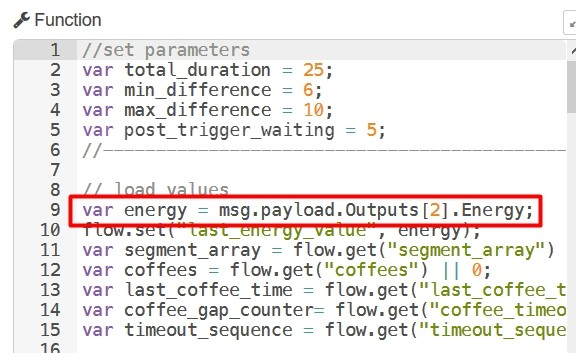 Node-RED function node with highlighted part with choosing of NETIO PowerCable REST output