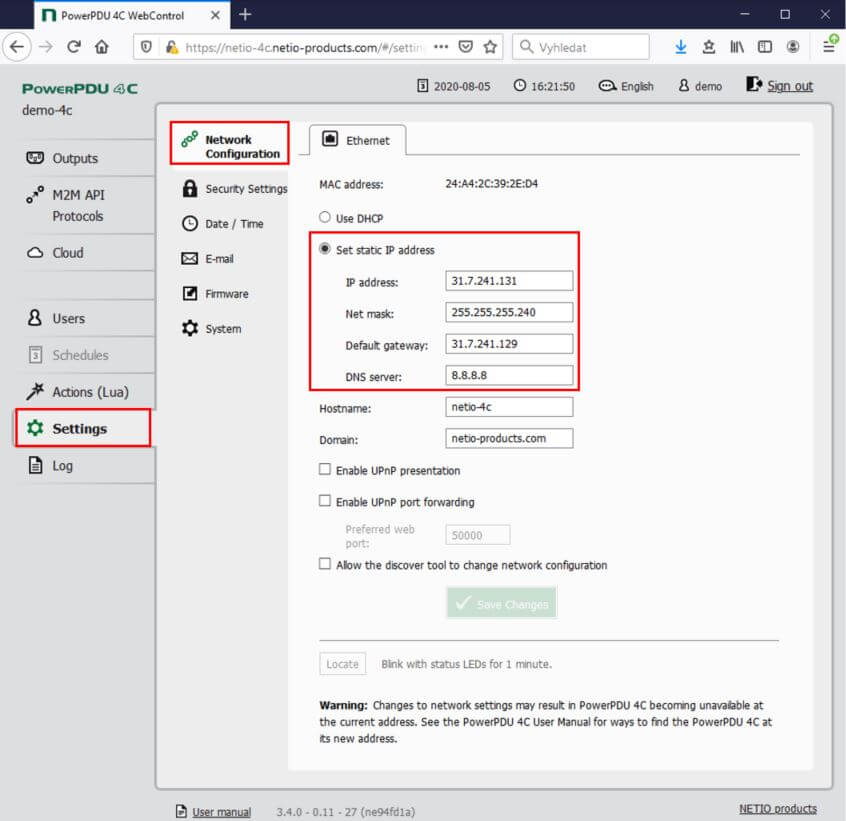 NETIO static IP address set up