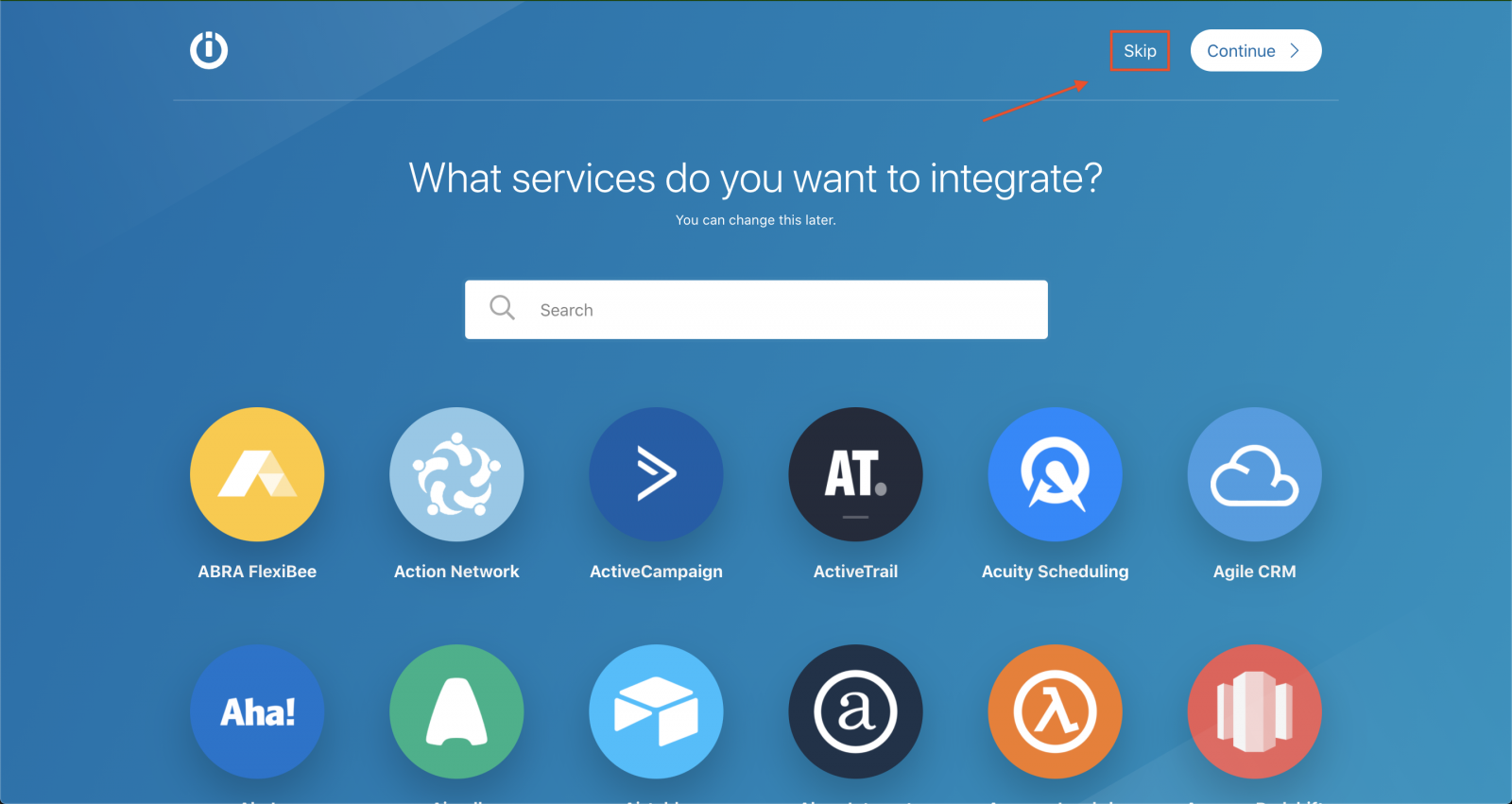 Recommended services for new scenario with highlighted skip button