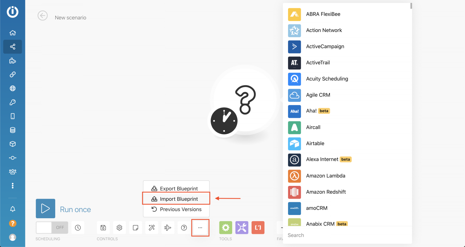 scenario overview with highlighted button for importing blueprint