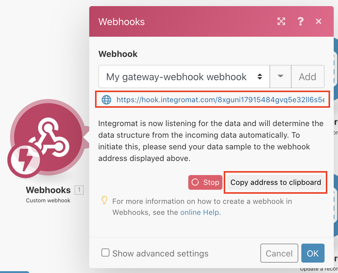 highlighted generated webhook address for receiving data from NETIO smart power outlet