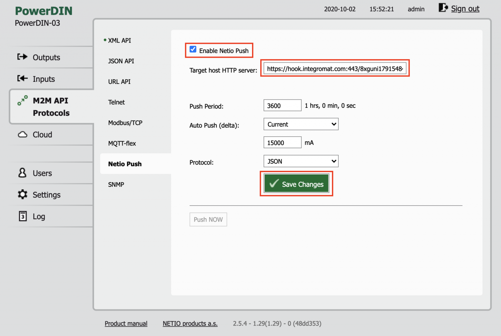 NETIO web interface with Netio Push protocol