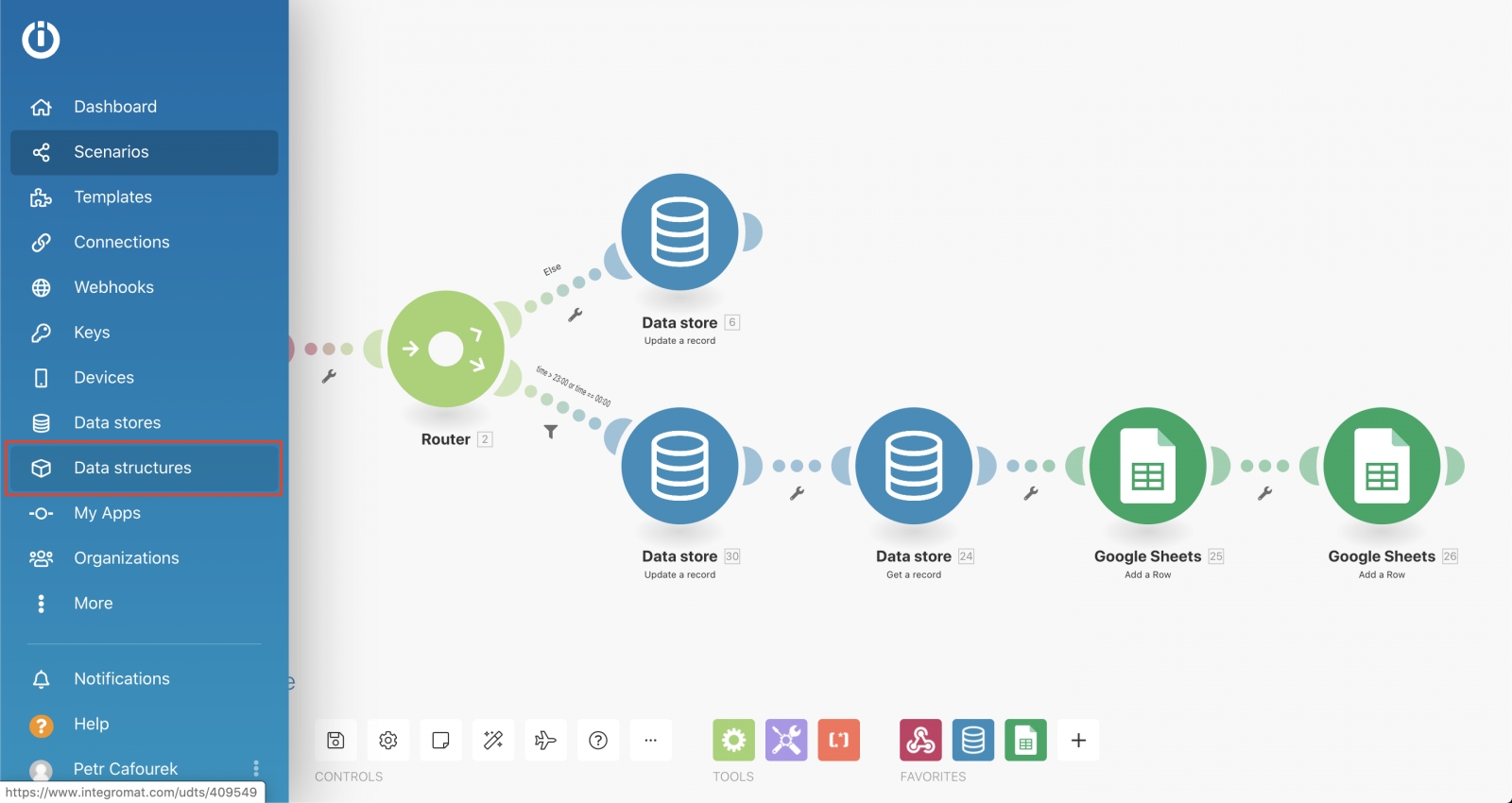 Data structures menu tab in integromat for data pushed by NETIO Push