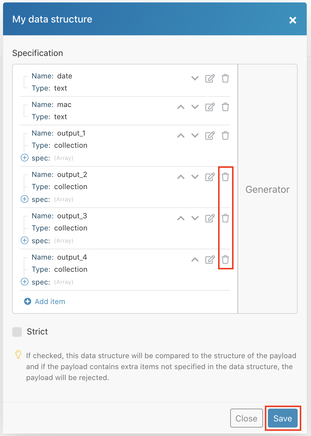 Data structure overview with highlighted delete button
