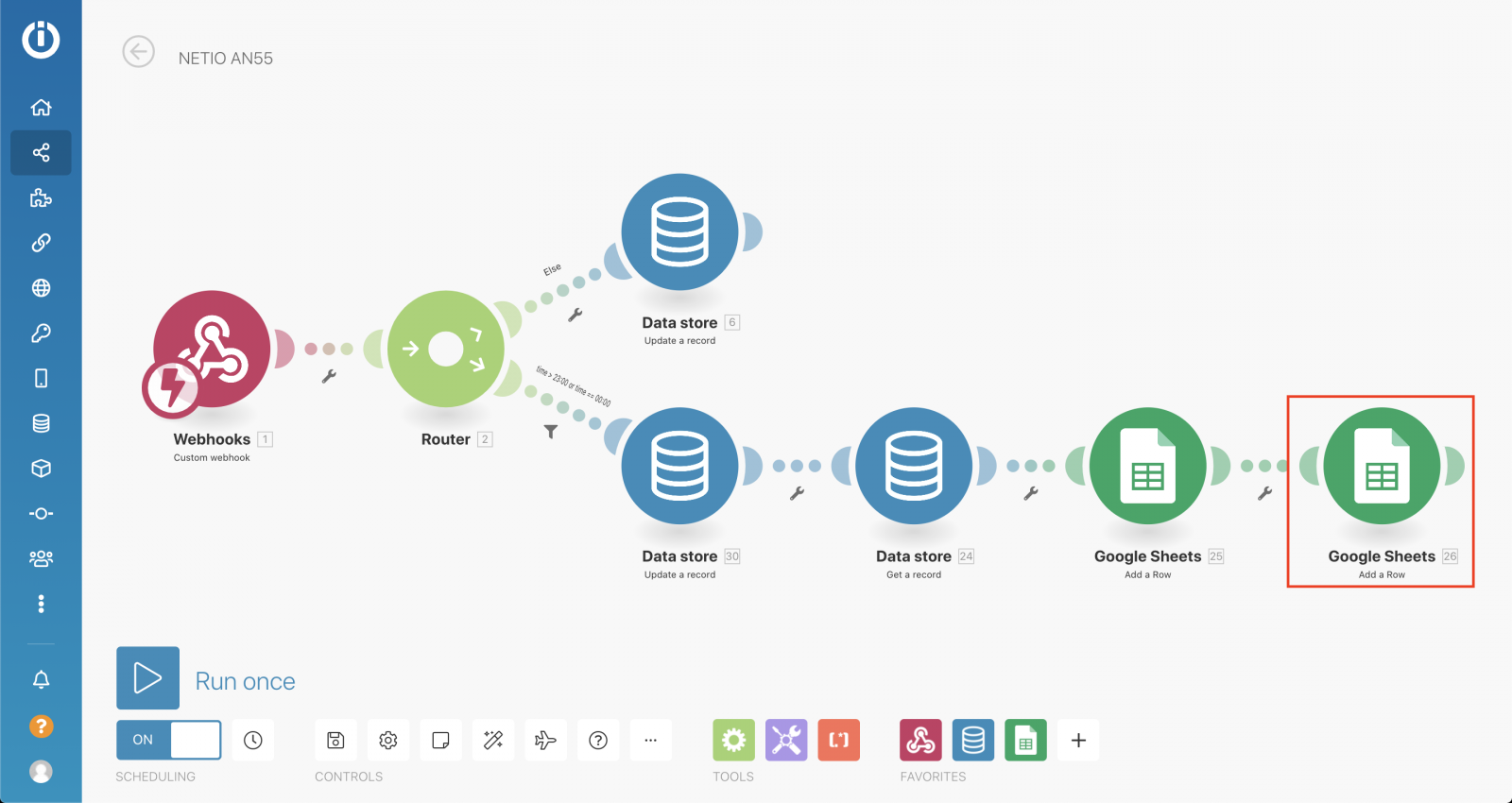 Integromat scenario with highlighted Google sheets block