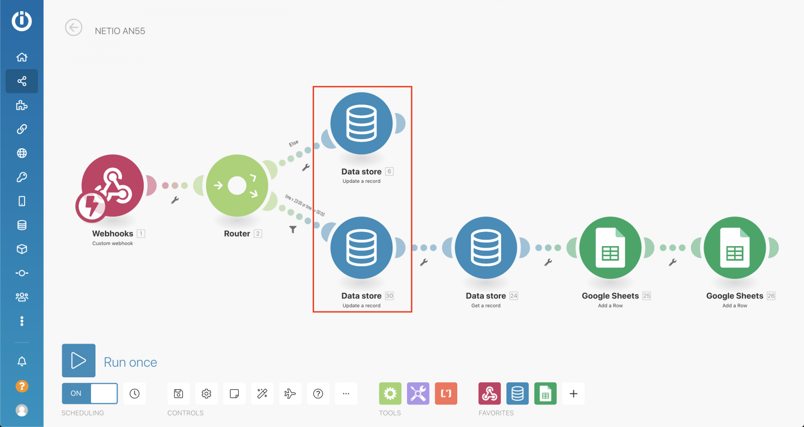 Integromat scenario with highlighted Data store blocks
