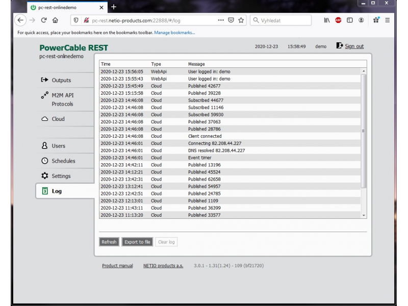 Event log in web interface of PowerCable REST 101x