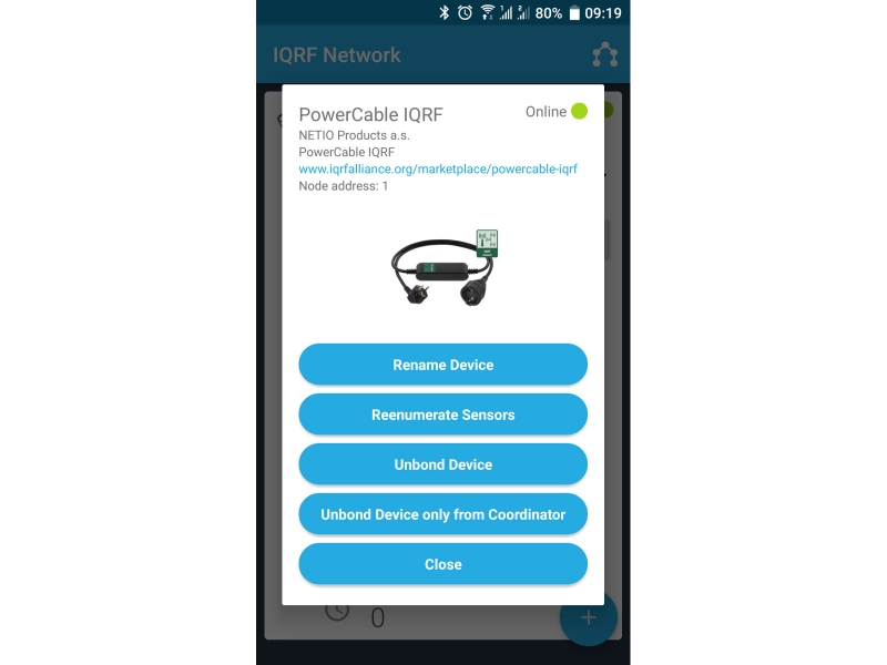 Mobile App - Device settings of PowerCable IQRF