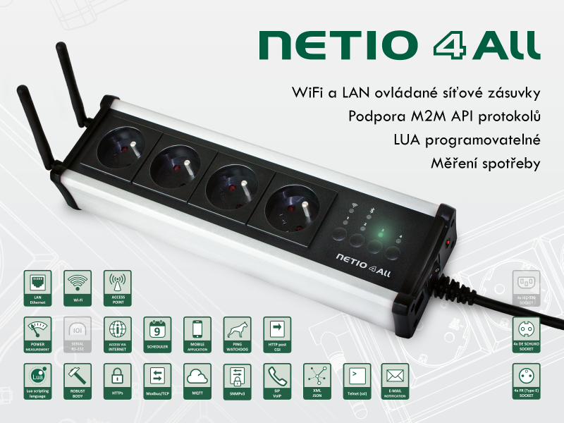 NETIO All: Modul chytrých elektrických zásuvek (PDU) ovládané po síti pomocí LAN/WiFi