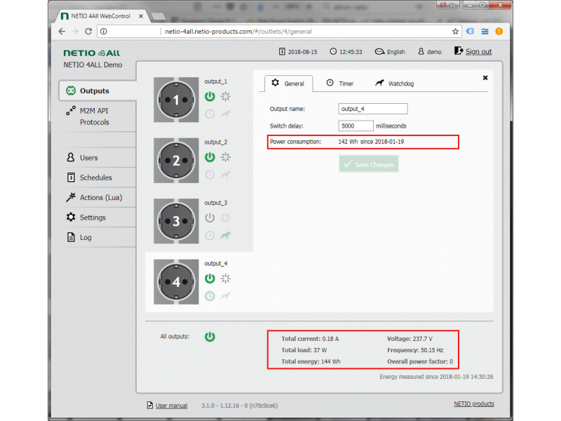 NETIO 4ALL device web screenshot with energy counter and since when it’s active. Energy is shown in [Wh]  or [kWh]. 