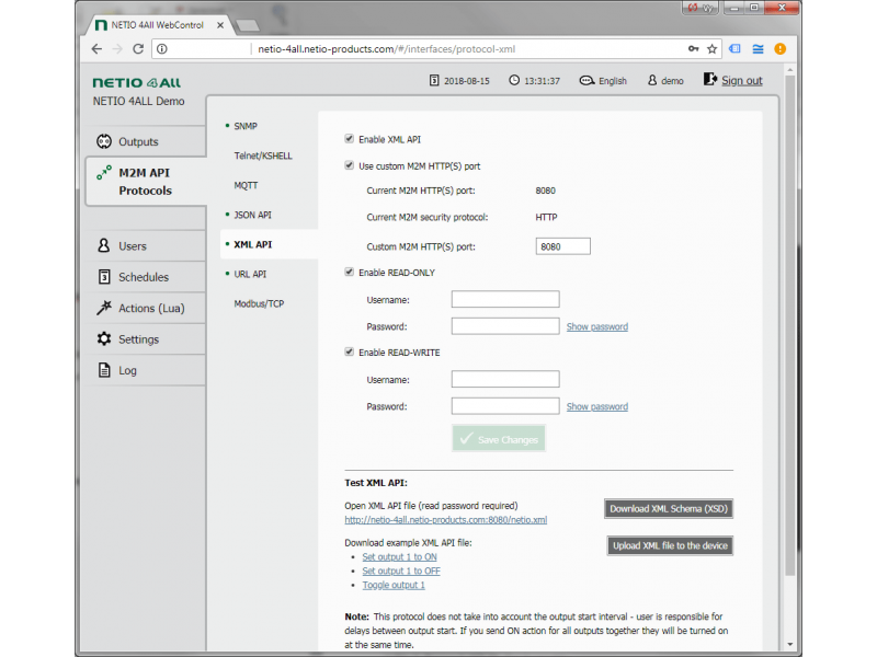 Setup of the XML http(s) M2M API protocol in NETIO 4All device. You can control each power socket output (On / Off) by sending or downloading XML file. Based on HTTP it’s simple to extend to secure version with HTTPS. XSD file show XML format, example fil