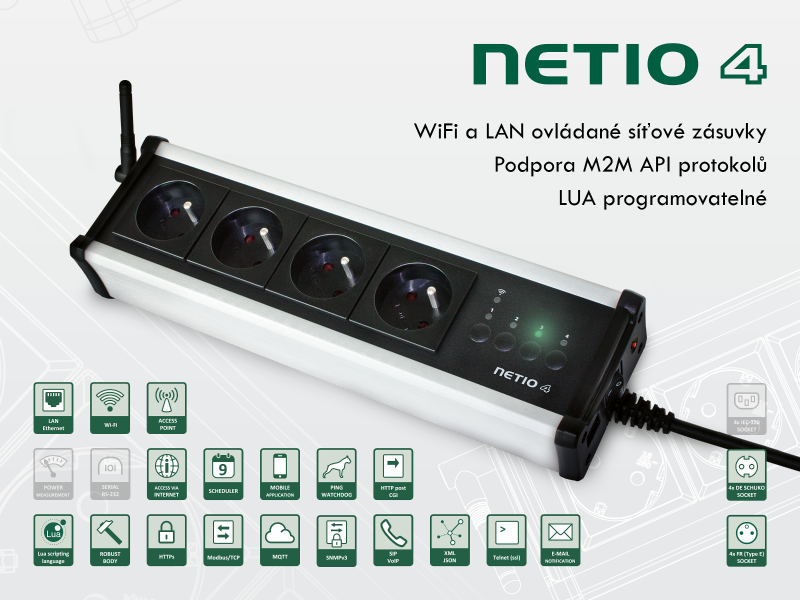 NETIO 4 – 4x230V, ovládání pomocí protokolů SNMP, Modbus/TCP, mqtt, https, http, xml, json, telnet a dalších