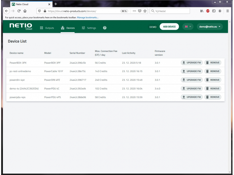 NETIO Cloud service for remote control of multiple NETIO devices 230V