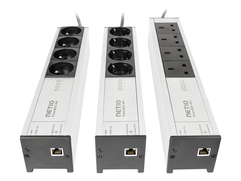Various plug variants of NETIO PowerBOX 4Kx remote IP controlled power strip