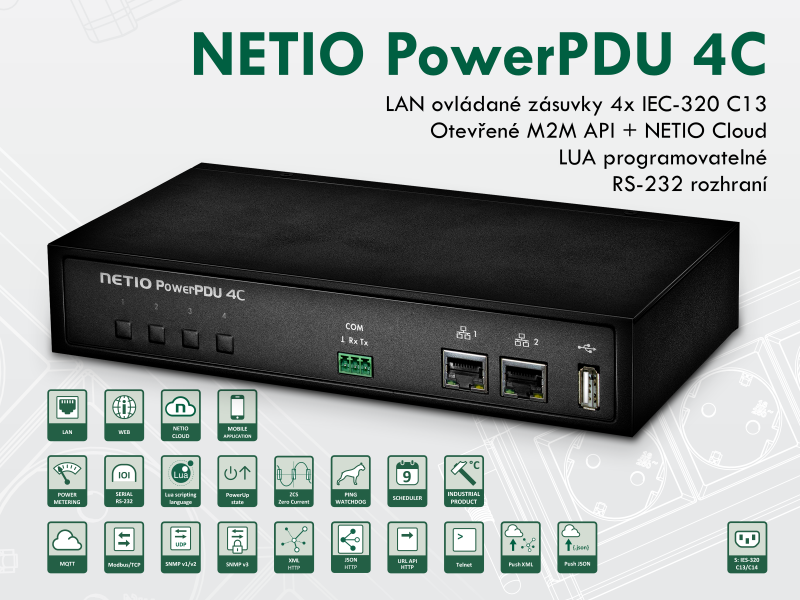 NETIO PowerPDU 4C je chytré PDU se čtyřmi IEC-320 C13 elektrickými zásuvkami