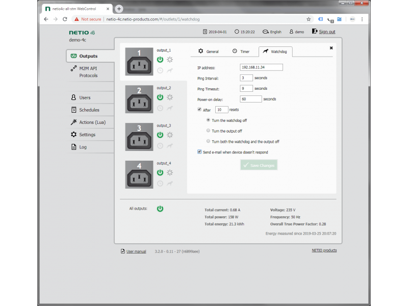 IP Watchdog function in smart power putlets NETIO PowerPDU 4C