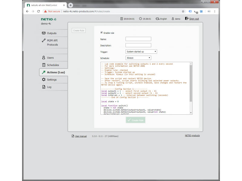 PowerPDU 4C can run custom scripts written in the Lua language.