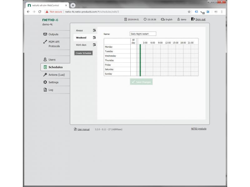 The switching of outlets can be time-controlled by the Scheduler with a graphical interface.