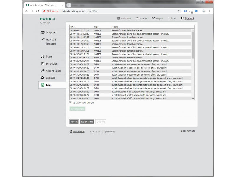 All device activities overwiew in log reports in web interface, also exportable into file.