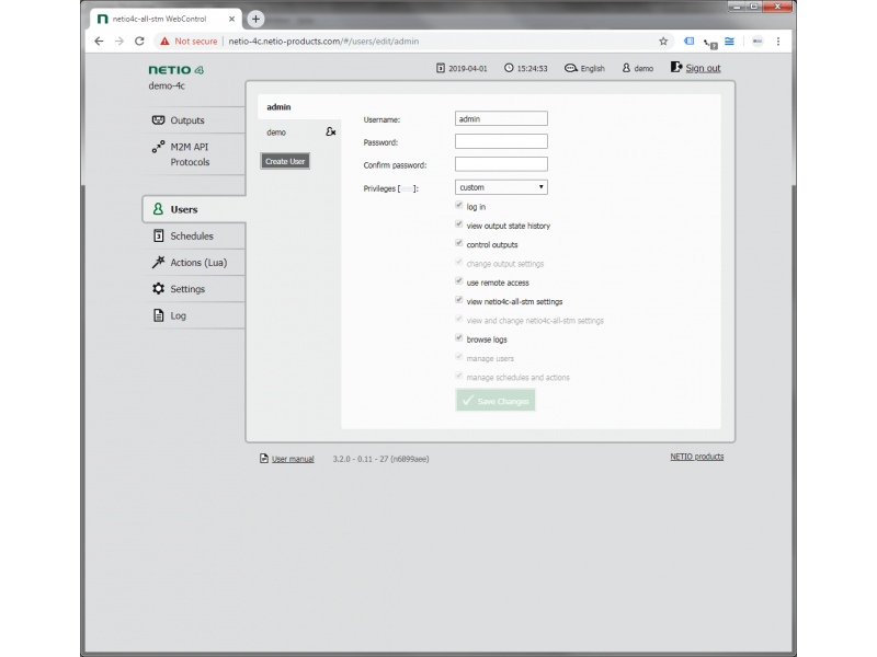 Web interface of smart power sockets - administration setup