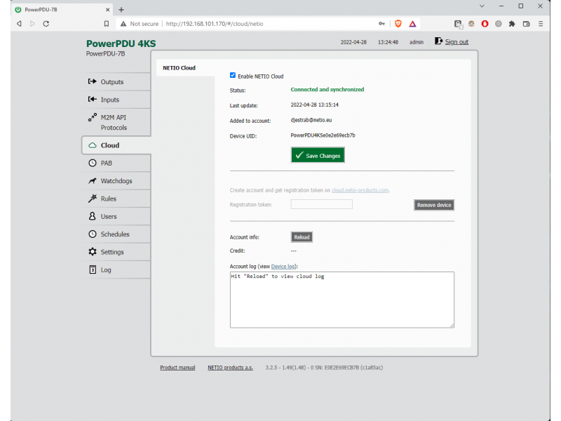 NETIO PowerPDU 4KS web interface with NETIO Cloud connection