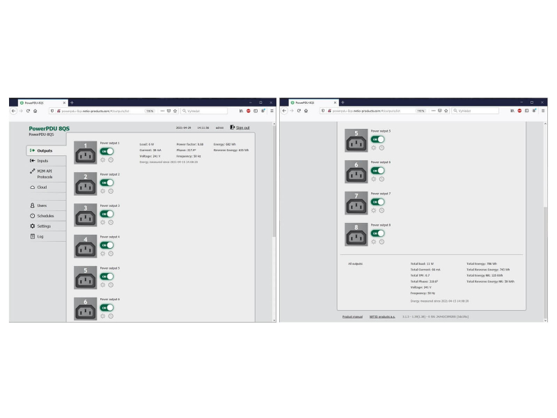 NETIO PowerPDU 8QS has a web interface for configuration of the PDU and output control (On/Off/Reset)