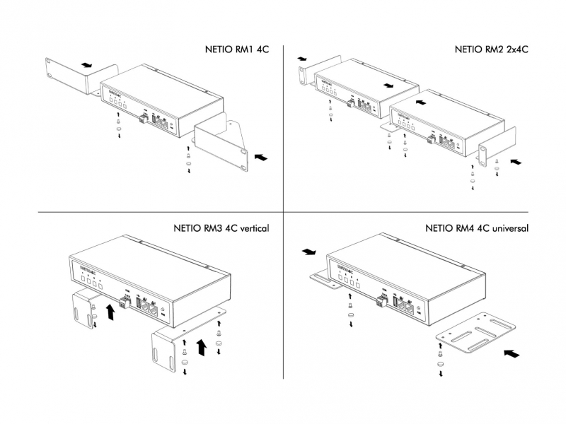 Rack Mount Kits allow you to install NETIO PowerPDU 4C power outlet to Rack frame