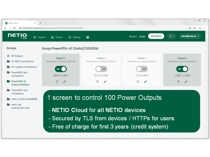 Secured NETIO Cloud service for remote control of multiple NETIO devices