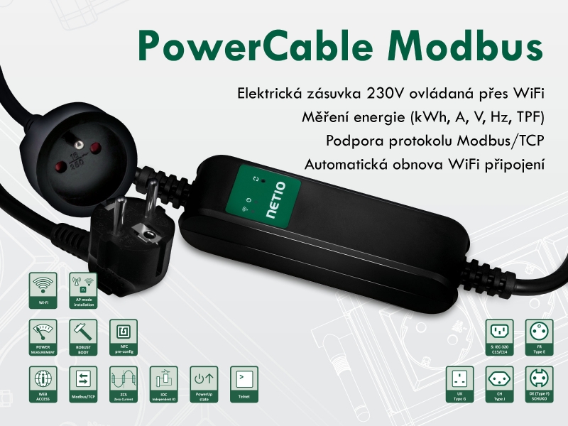 Chytrá zásuvka NETIO PowerCable Modbus 101E s přesným měřením energie