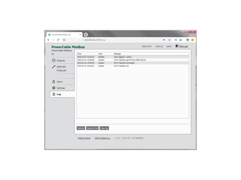 Event log in the web interface of NETIO PowerCable Modbus