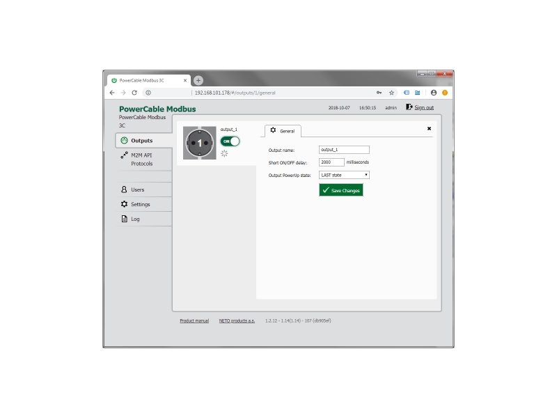 Web interface of NETIO PowerCable Modbus WiFi controlled power socket