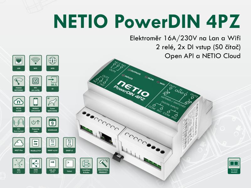 NETIO PowerDIN 4PZ chytrý elektroměr na 16A/230V