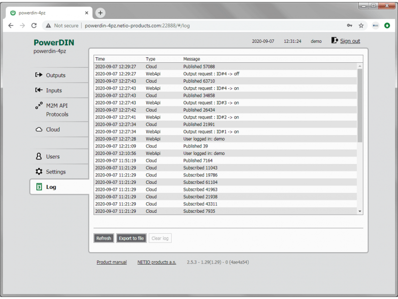 Web interface of PowerDIN 4PZ with event log.