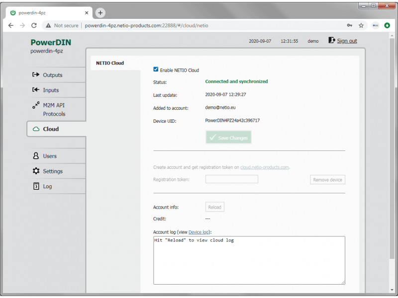 NETIO PowerDIN 4PZ can be connected to one NETIO Cloud account