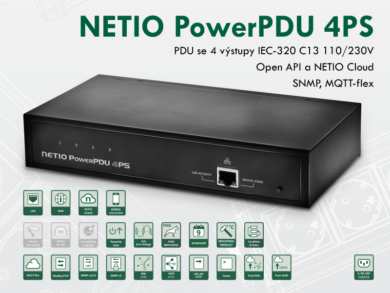 NETIO PowerPDU 4PS je chytré PDU (Power Distribution Unit) se čtyřmi výstupy napájení 