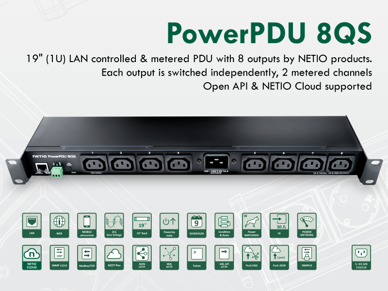 NETIO PowerPDU 8QS metered and switched PDU with 8x IEC-320 C13 outputs and C20 input