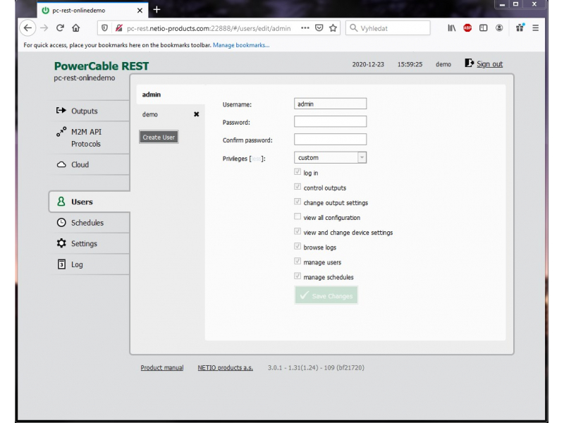 User administration of NETIO PowerCable REST 101x