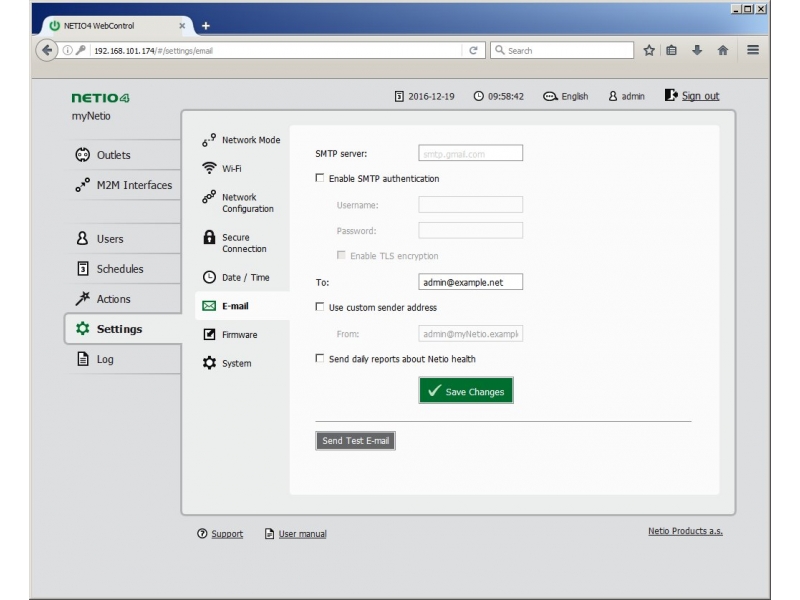 Web interface of NETIO networked power sockets - setting email properties