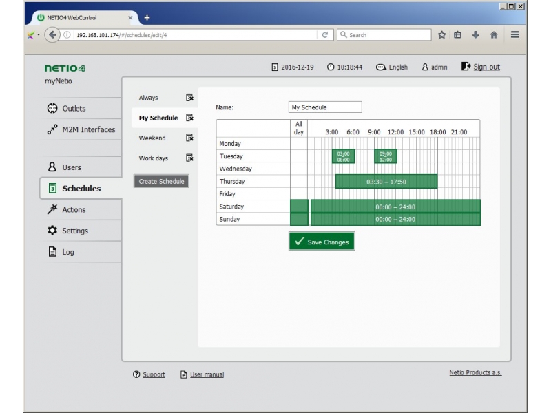 Scheduler of LAN power sockets in web interface