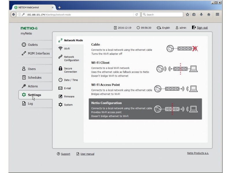 Web interface of networked power outlets NETIO - setting of Network Mode