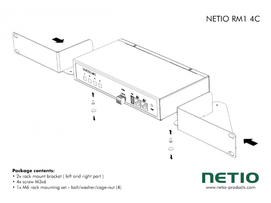 Metal brackets to install one NETIO 4C device into a 1U space in a 19” rack frame